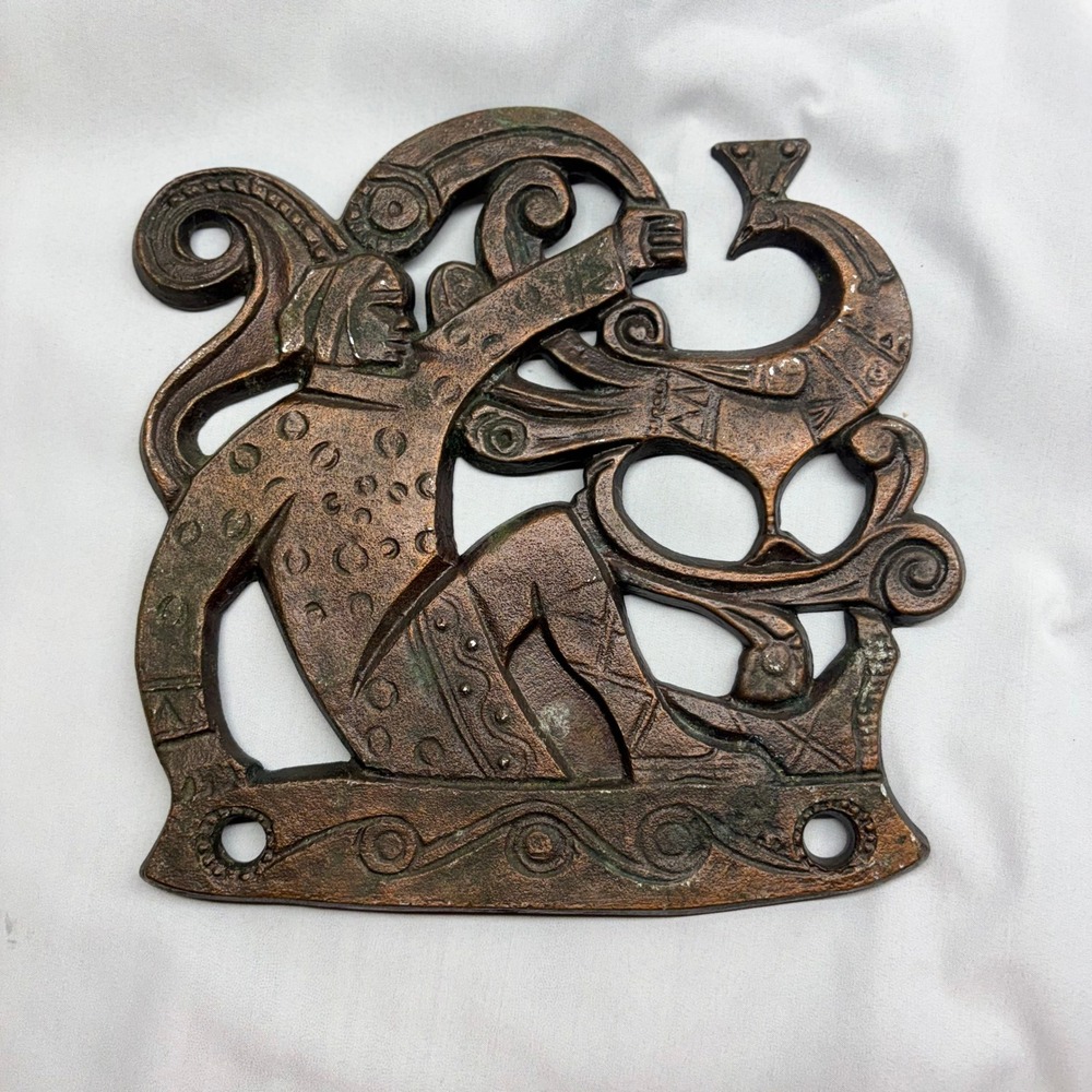 Vintage Soviet Cast Metal Russian Folk Art Figure & Magic Pike, Bronze Tone
